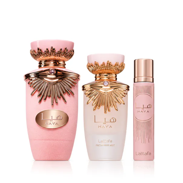 Lattafa Haya sada pro ženy Parfémovaná voda 100 ml + Parfémová voda miniatura 12 ml + Vlasová mlha 5